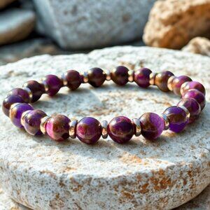 Purple Cloisonné Beaded Bracelet 8MM | Handmade Energy Jewelry